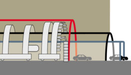 Un deuxième engin pose ensuite les voussoirs préfabriqués en béton contre la nouvelle paroi du tunnel.